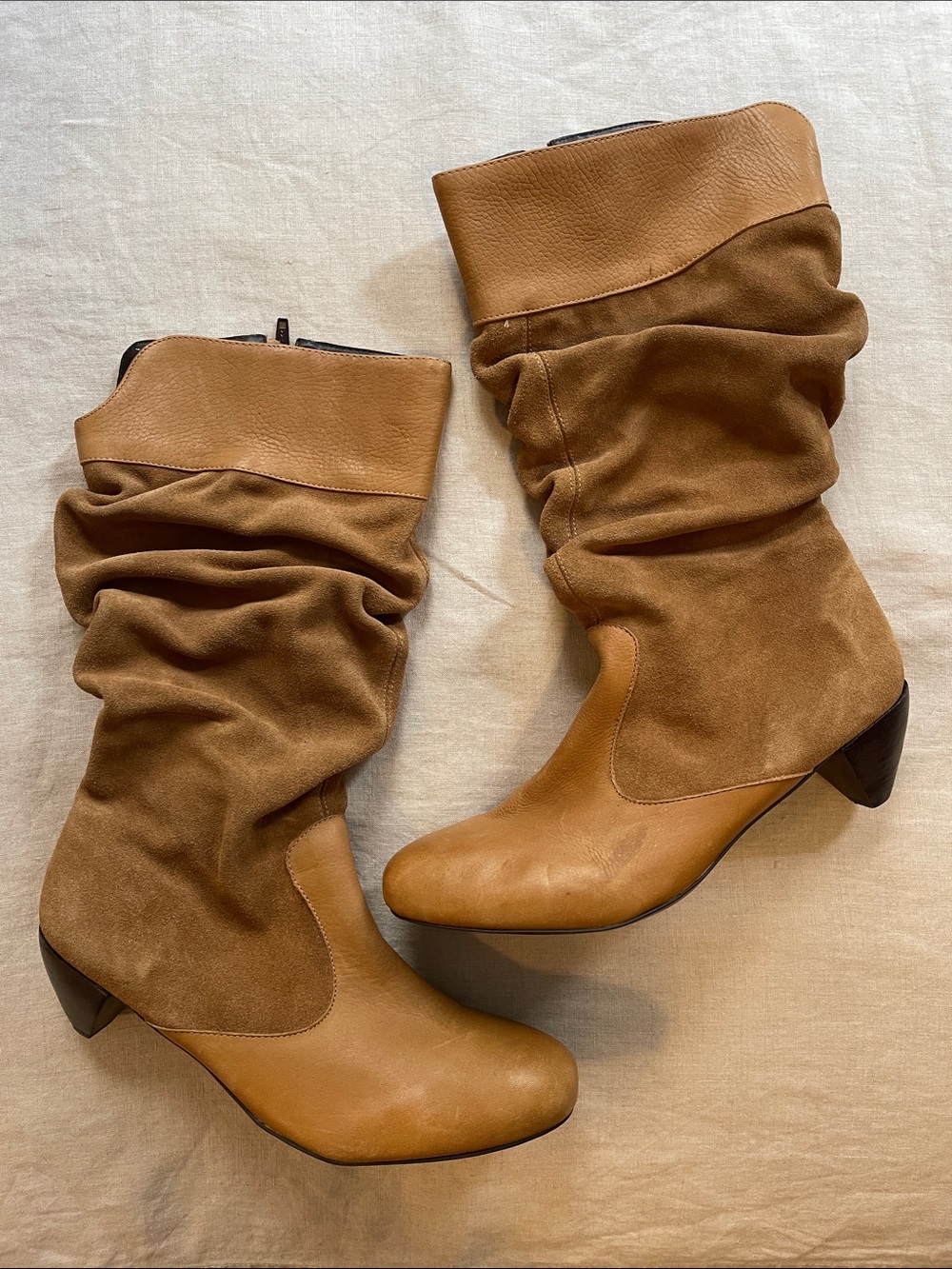 By Anthropologie Women's Slouchy Mid-Calf Heeled Leather Boots in Tan